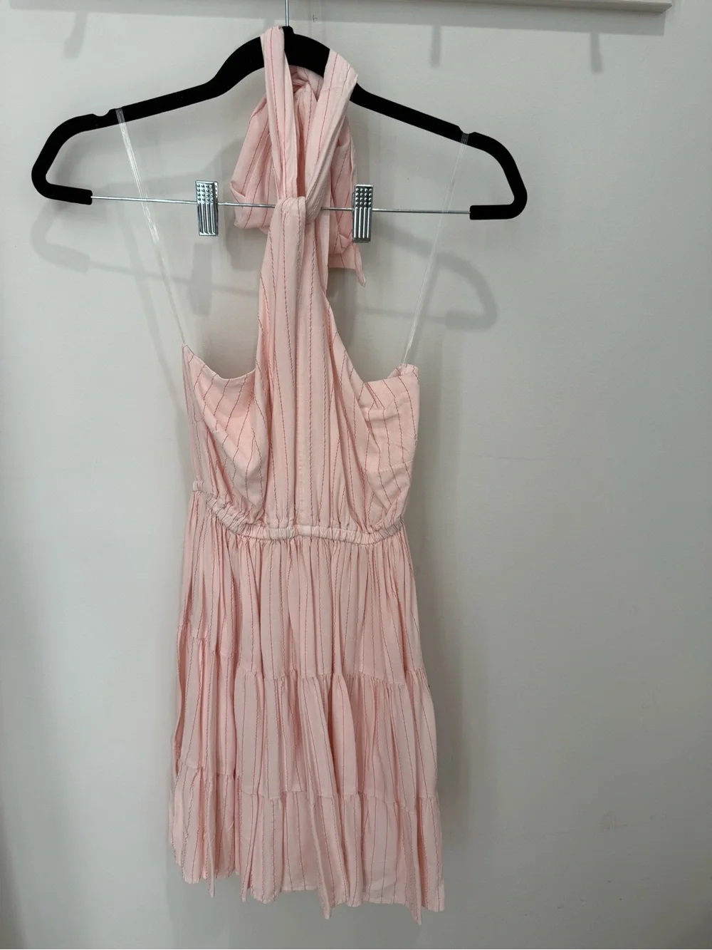 NWT Self Contrast Pink Striped Halter Tiered Mini Dress XS